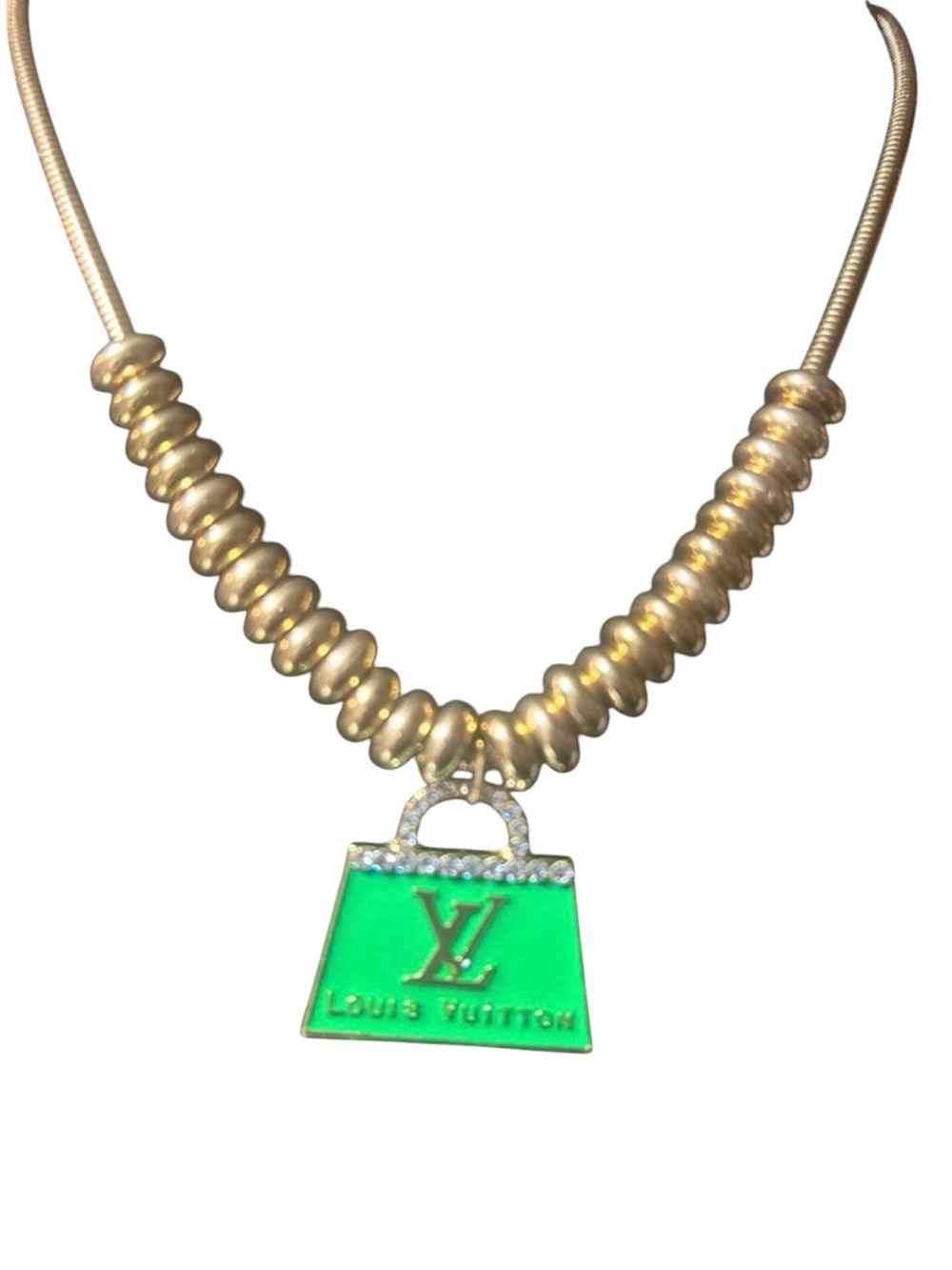 Green Bag Pendant Necklace with Gold Beaded Chain